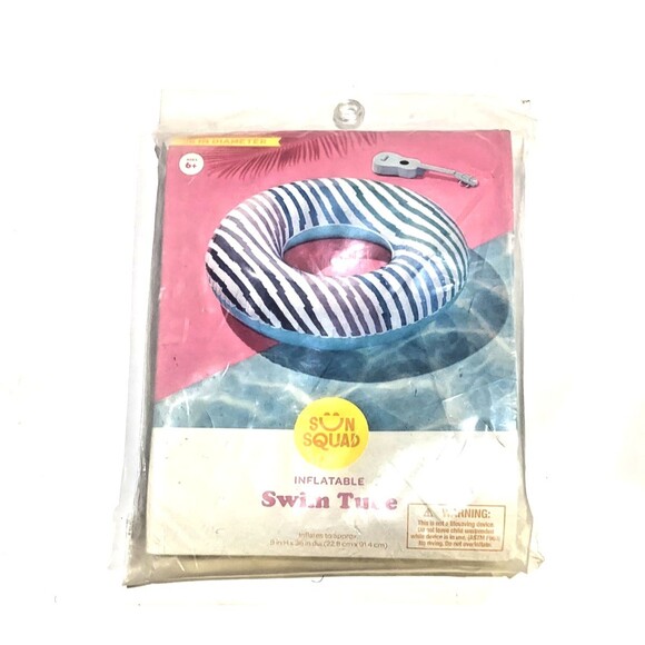 New Sun Squad 36" Inflatable Swim Tube Blue w/ Stripes, Summer Fun, Floating - Picture 2 of 3